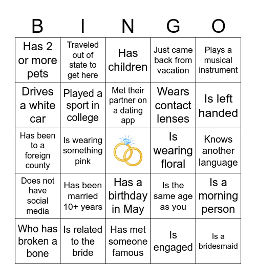 Bridal Bingo Card