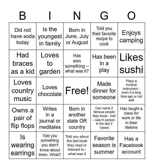 Get to Know You Bingo Card