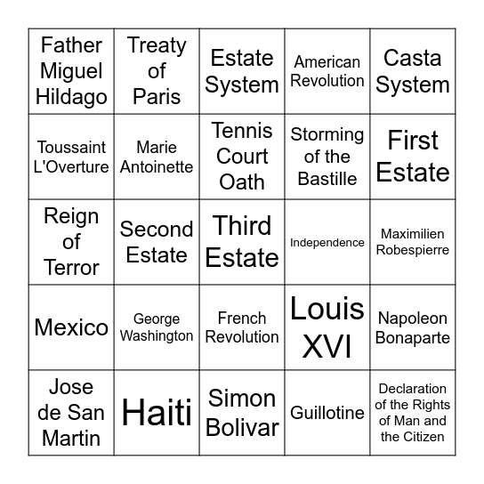 Revolutionary Review Bingo Card