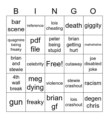 family guy Bingo Card
