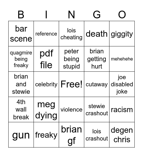 family guy Bingo Card