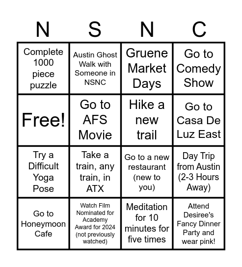 NSNC February Challenge Bingo Card