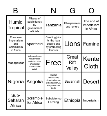 Sub-Saharan Africa Review Bingo Card