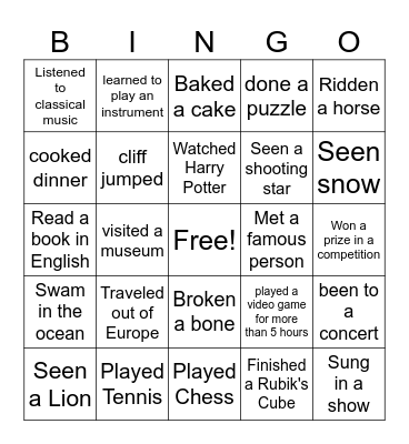 Have you ever? Bingo Card