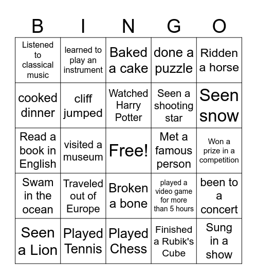 Have you ever? Bingo Card