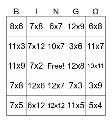 Multiplication Bingo Card