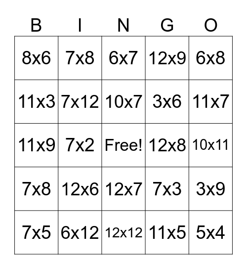 Multiplication Bingo Card