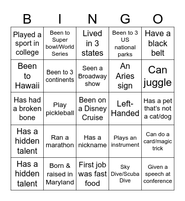 Getting To Know You Bingo Card