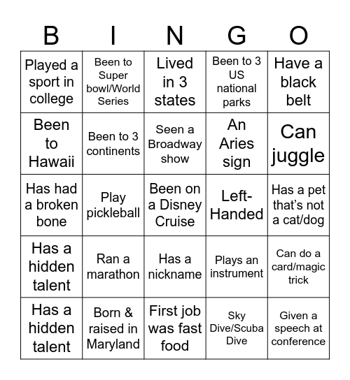 Getting To Know You Bingo Card