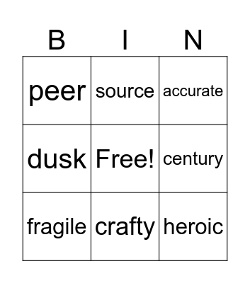 Vocabulary Jan. 27 - Feb. 3 Bingo Card