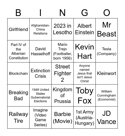 Wiki Race Bingo Card