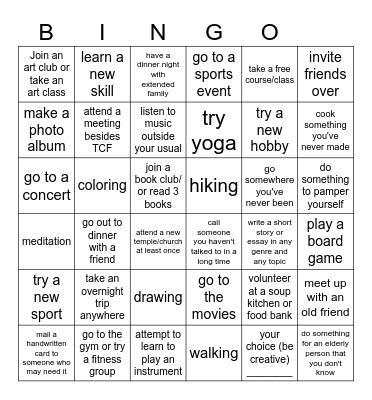 Things To Do! Bingo Card