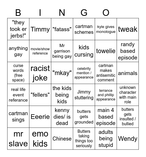 south park bingo Card