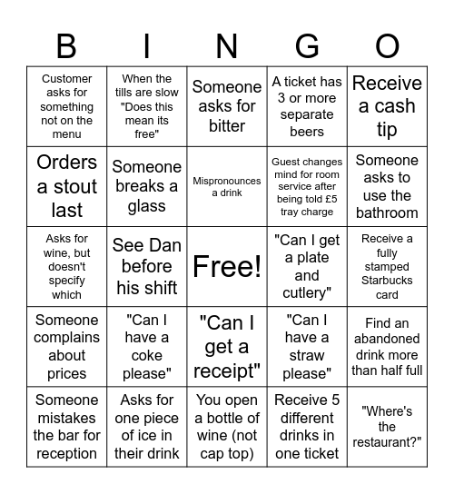 BAR BINGO Card