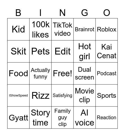 YouTube Shorts Bingo Card