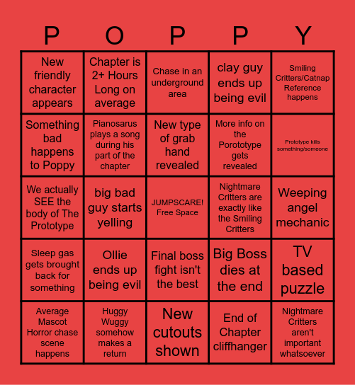 Poppy Playtime ch4 Bingo Card