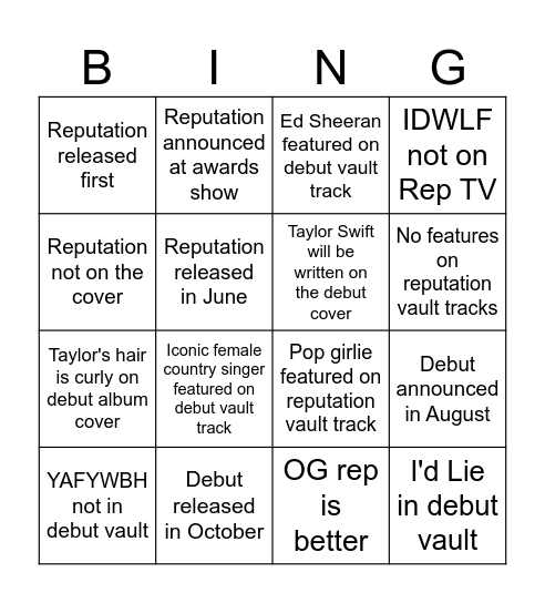 Taylor's Version Bingo - Lexi Bingo Card