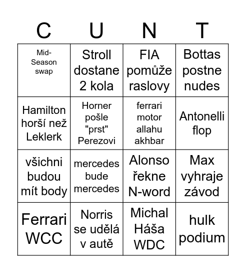 Stroll je píča Bingo Card