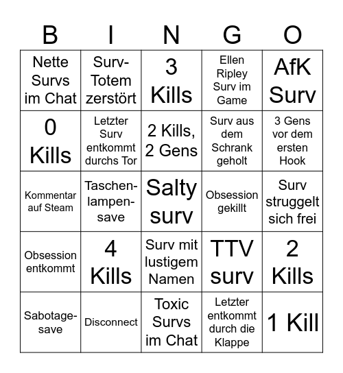 Dead by Daylight Killer Bingo Card