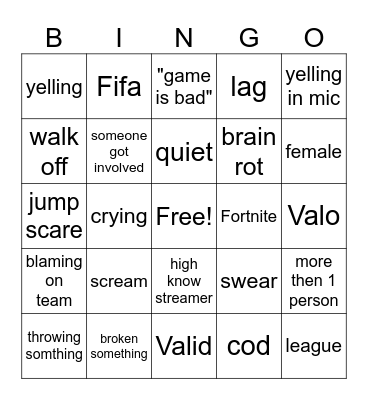 Gaming rage bingo Card