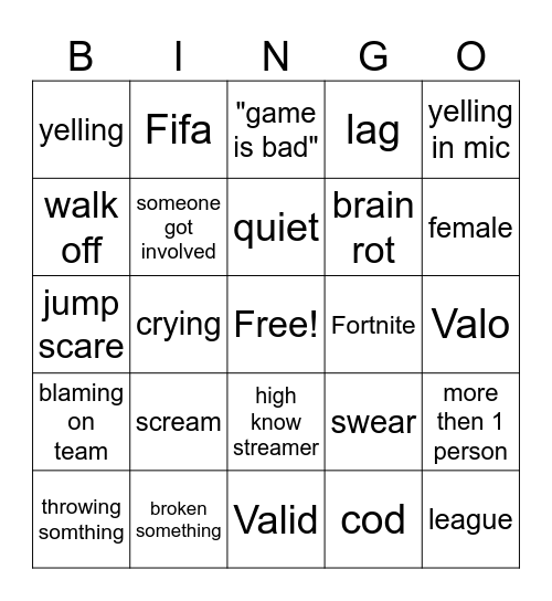 Gaming rage bingo Card