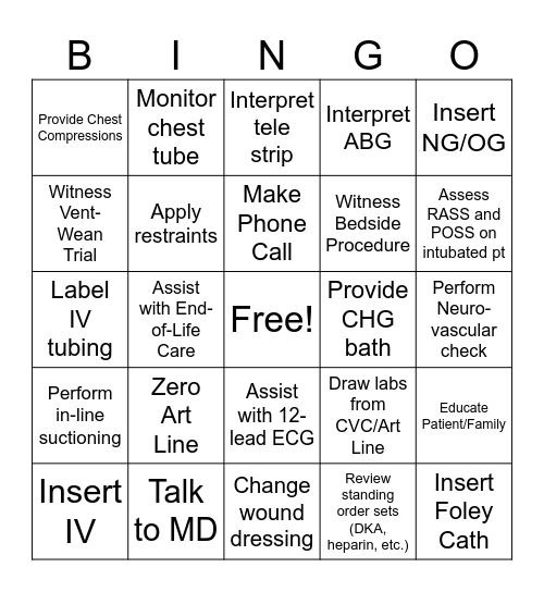 Critical Care Bingo Card