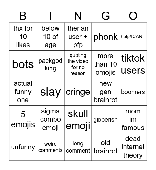 YOUTUBE SHORST COMMENTS Bingo Card