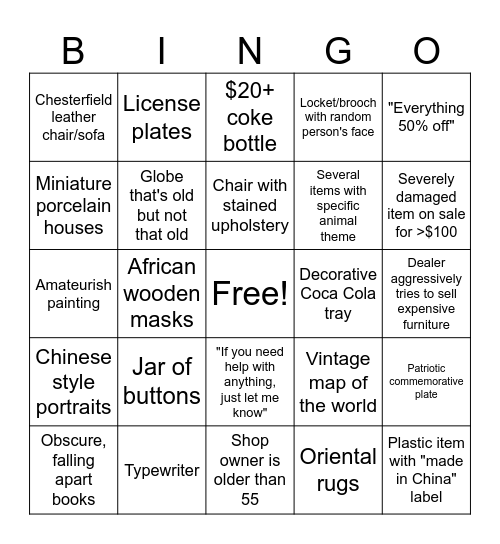 Antique Store Bingo Card