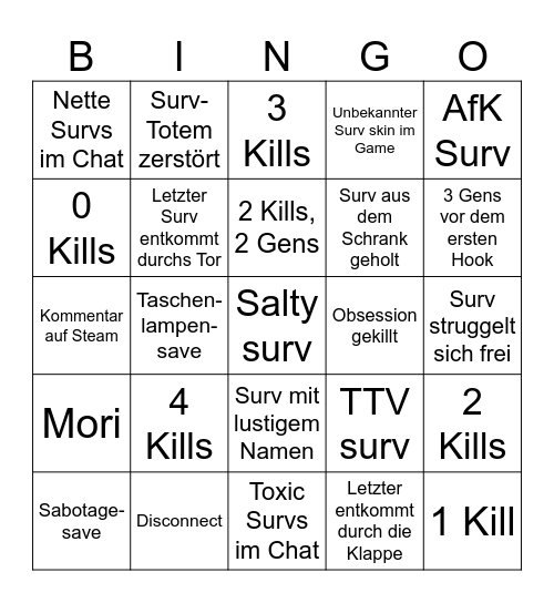 Dead by Daylight Killer Bingo Card