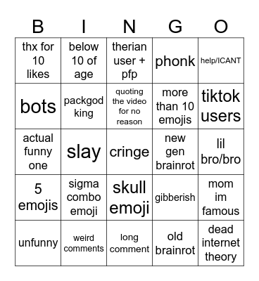 YOUTUBE SHORST COMMENTS Bingo Card