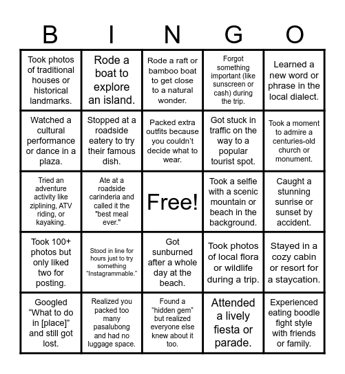Travel Bingo Card