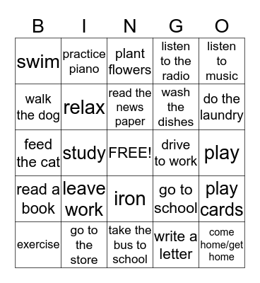 Different Activities Bingo Card