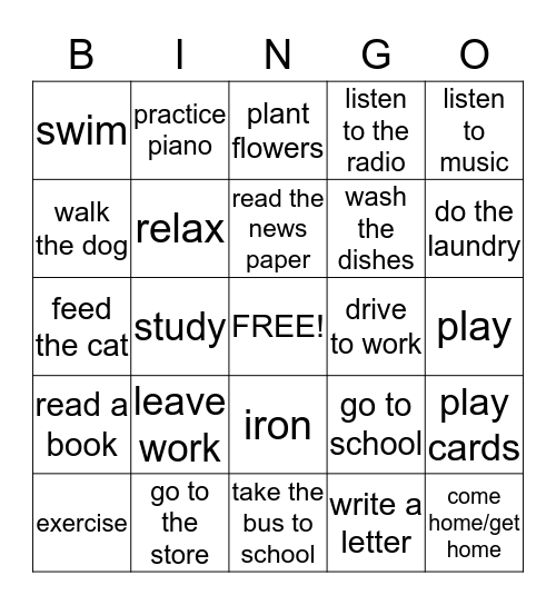 Different Activities Bingo Card