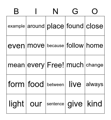 2nd Grade Sight Words Bingo Card