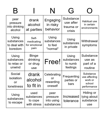 Substance/Alcohol Use Bingo Card