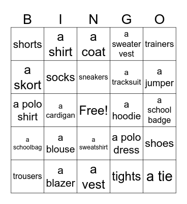 School Uniform Bingo Card