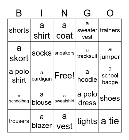 School Uniform Bingo Card