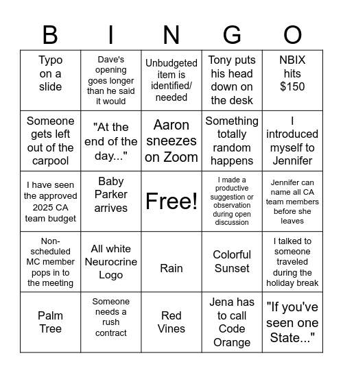 Corporate Affairs Winter Retreat Bingo Card