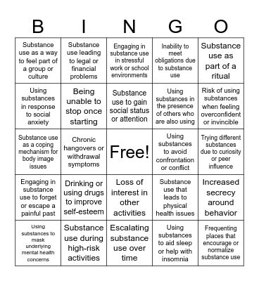 Alcohol/Substance Use Bingo Card