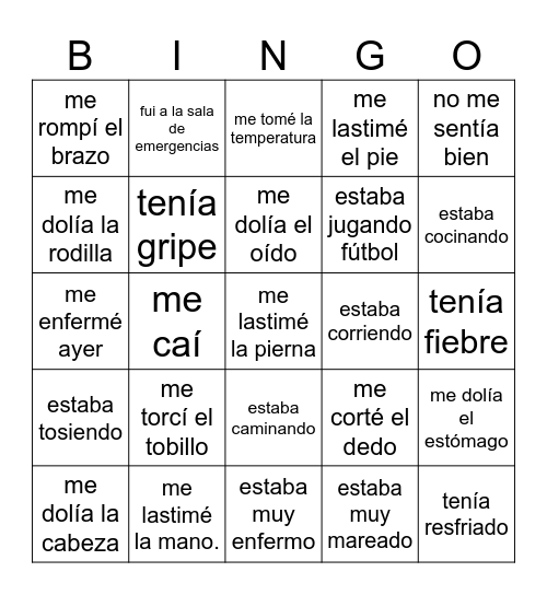 Pretérito y Imperfecto Bingo Card