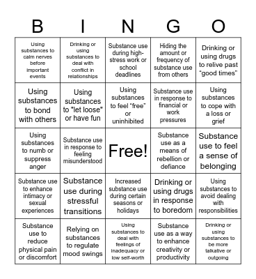 Substance/Alcohol Use Bingo Card