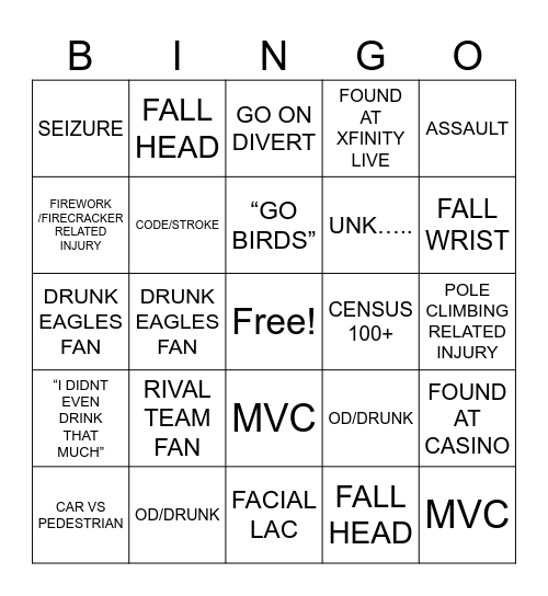 Eagles Game Day ED Bingo Card
