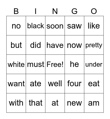 Kindergarten Sight Words Bingo Card