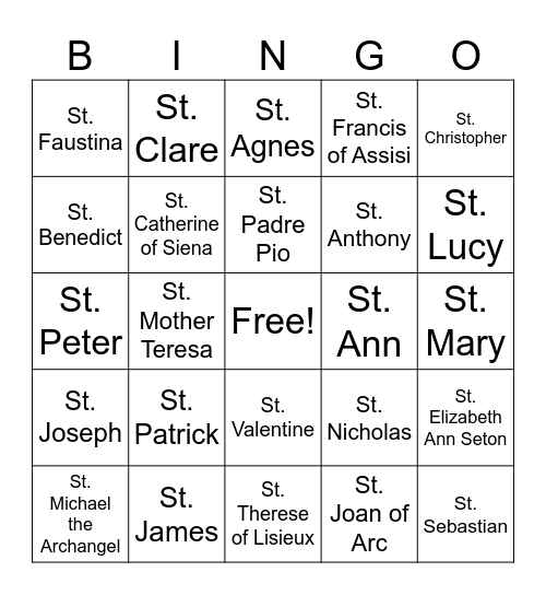 SAINTS Bingo Card