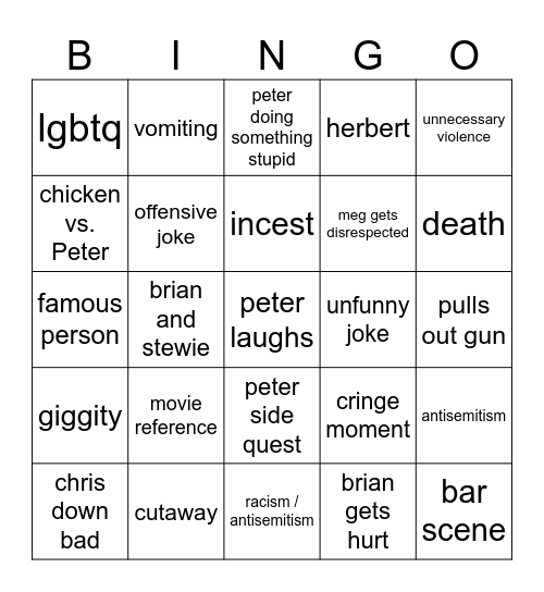 family guy bingo Card