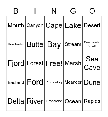 Geography Vocabulary Bingo Card