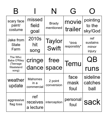 Joe B. Kitty's Super Bowl 2025 Bingo Card