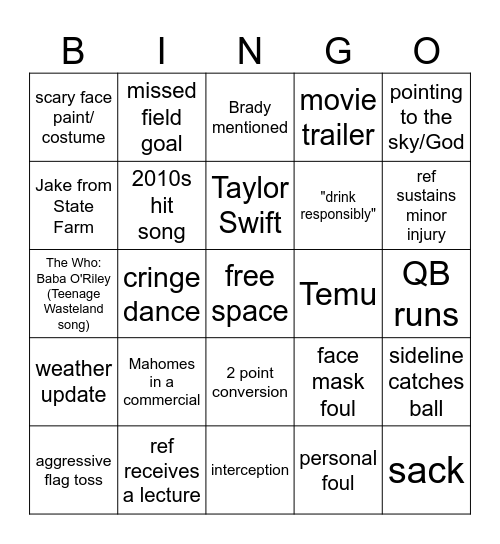 Joe B. Kitty's Super Bowl 2025 Bingo Card