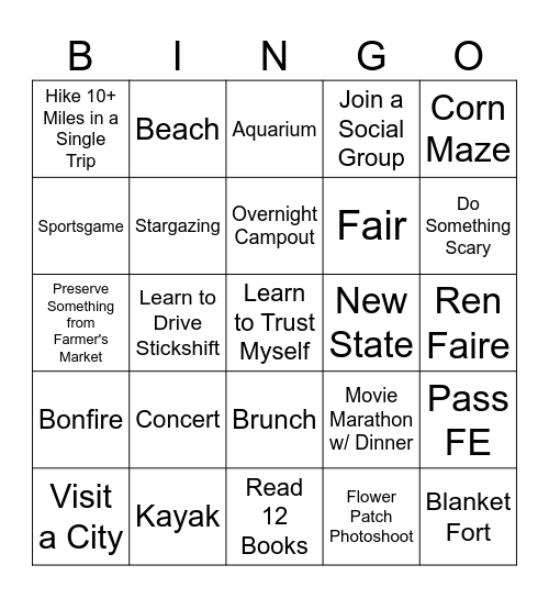 2025 Bucket List Bingo Card
