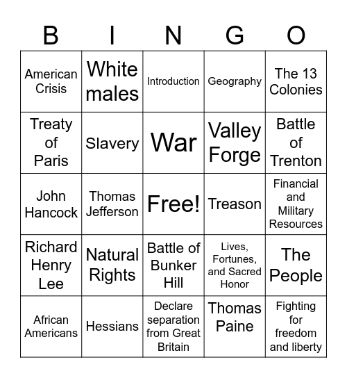 The American Revolutionary War 2024-25 Bingo Card